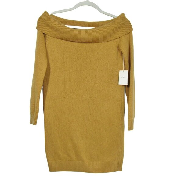 TULAROSA NWT Sweater Mini Dress L Off Shoulder Mustard Gold Cozy Minimalist - Picture 1 of 9